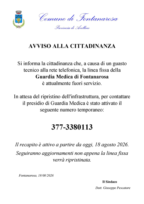 Guasto alla linea telefonica della Guardia Medica di Fontanarosa: attivato il numero temporaneo 377-3380113